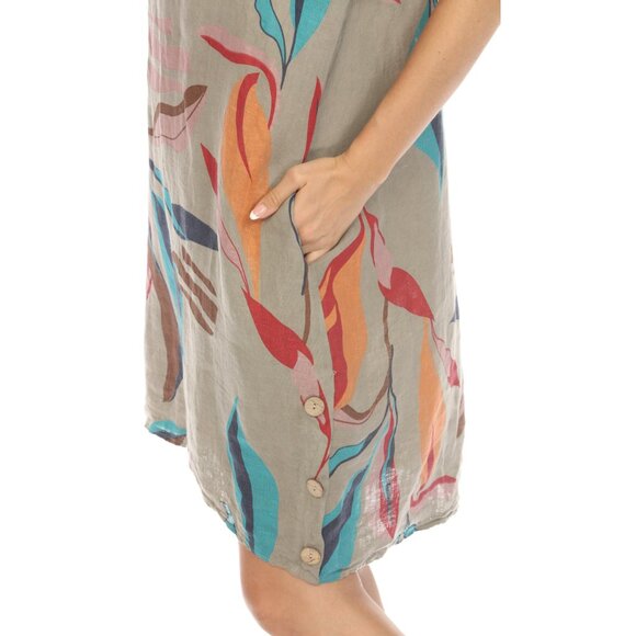 Taupe Leaf Print Side Button Dress - Picture 4 of 4